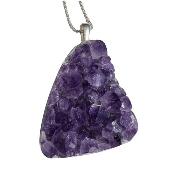 Amethyst Druzy Crystal Pendant Necklace Sterling Silver Chain - New Old Stock - Picture 1 of 8
